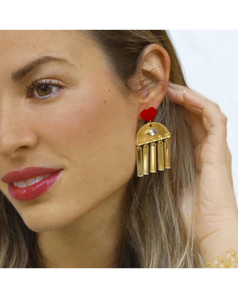 pendientes metacrilato rojo y dorado 2