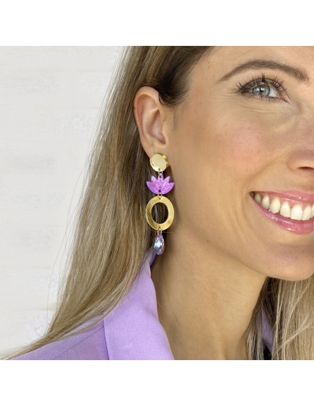 pendientes metacrilato dorado lila flor de loto