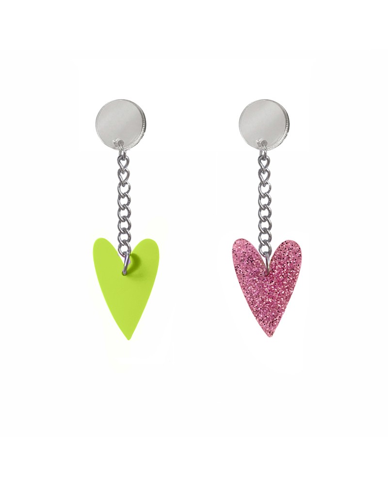pendientes corazon lima y rosa