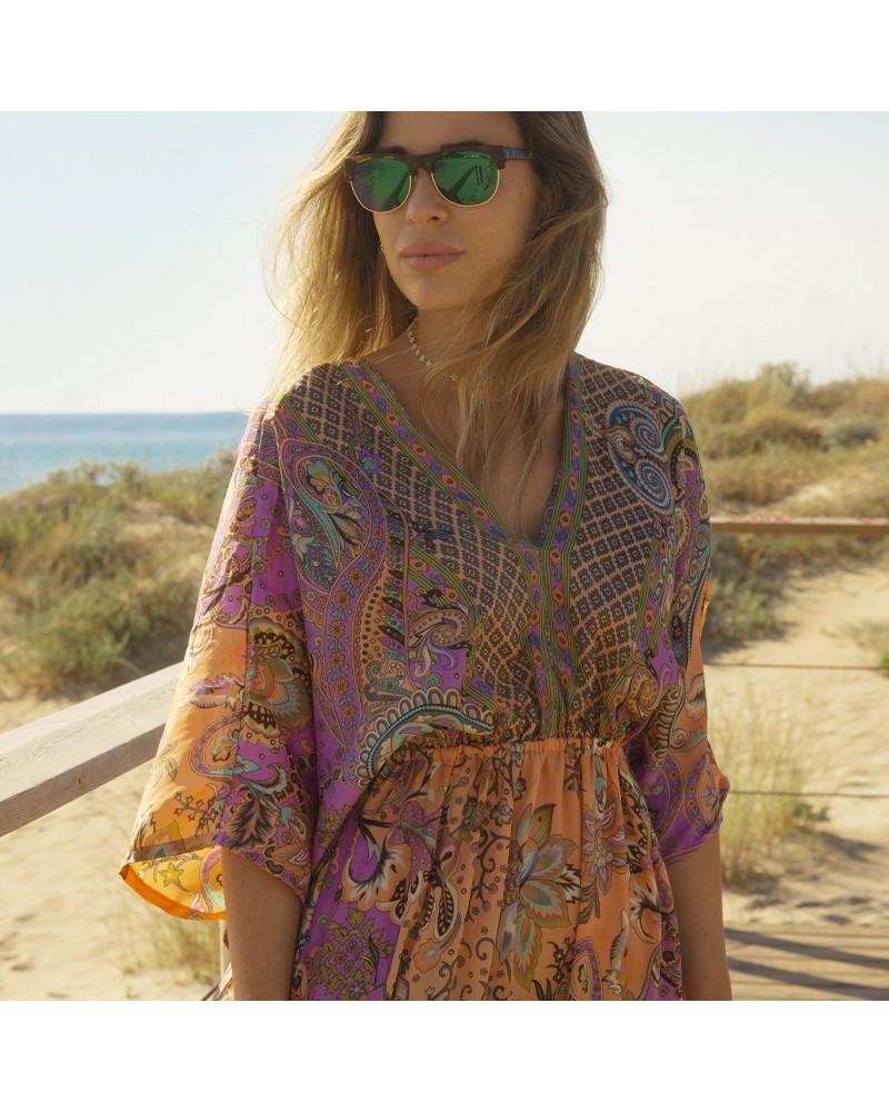 vestido seda naranja y lila