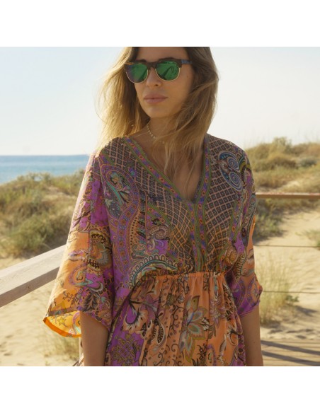 vestido seda naranja y lila