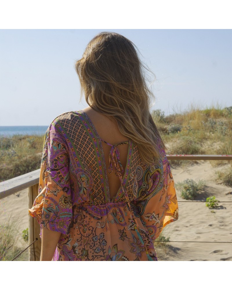 vestido seda naranja y lila 2