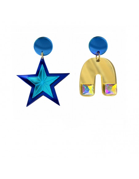 pendientes metacrilato azul y dorado